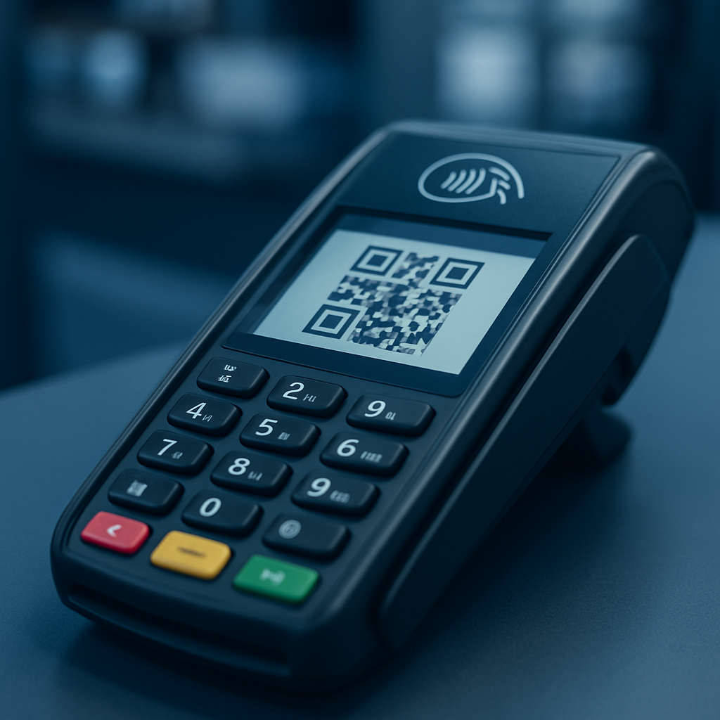 A modern POS terminal accepting a contactless card and QR payment